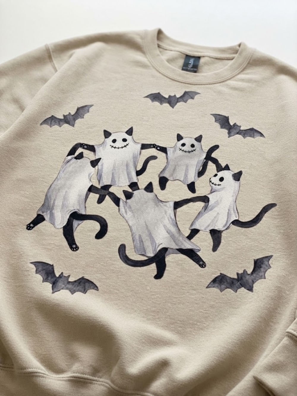 Gildan Beige Ghost Cats & Bats Graphic Sweatshirt - Picture 2 of 3